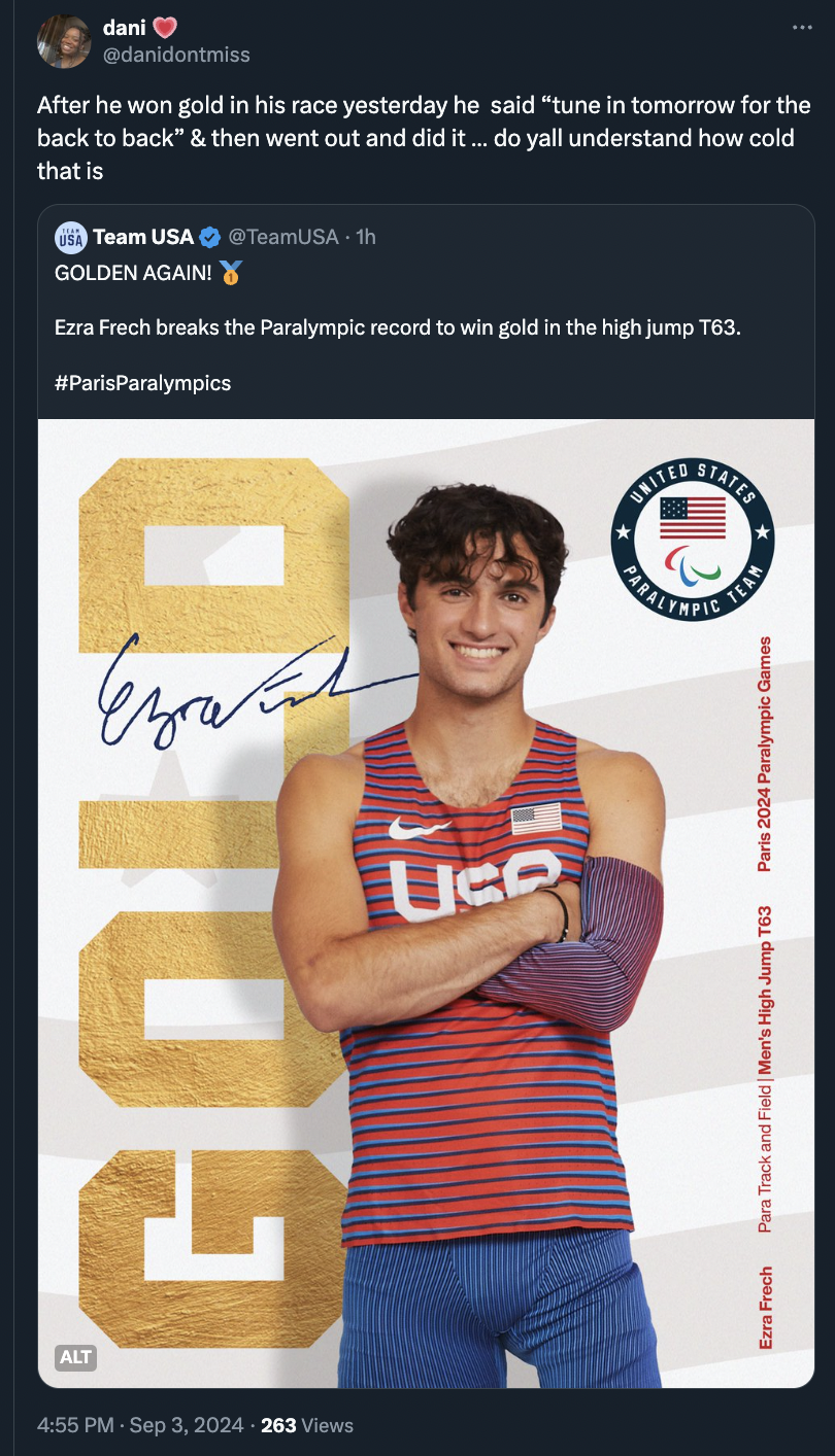 flyer - dani After he won gold in his race yesterday he said "tune in tomorrow for the back to back & then went out and did it... do yall understand how cold that is Team Usa TeamUSAth Golden Againi Ezra Frech breaks the Paralympic record to win gold in t